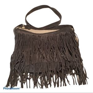Gray Leather Fringe Slouch Purse